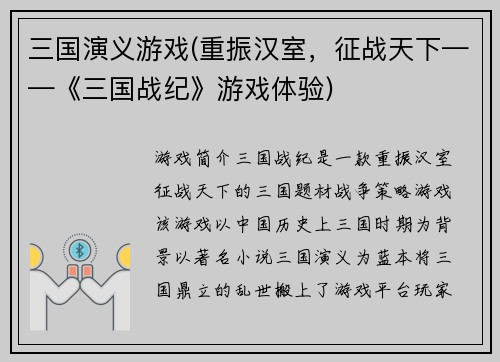 三国演义游戏(重振汉室，征战天下——《三国战纪》游戏体验)